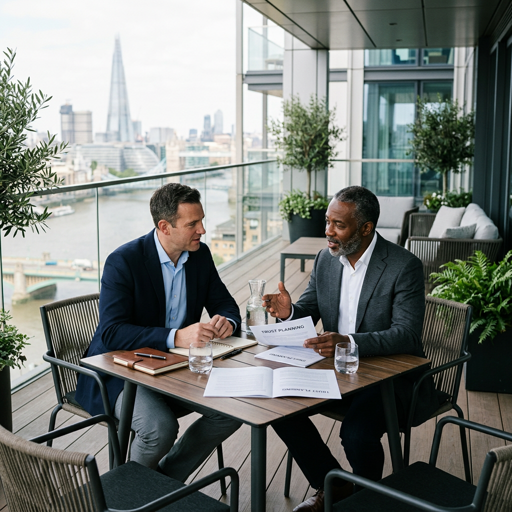 Two professionals discussing planning documents at a table