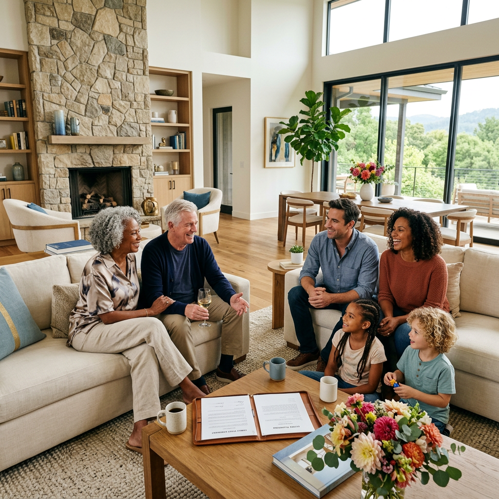 Several generations gathering in a bright living room