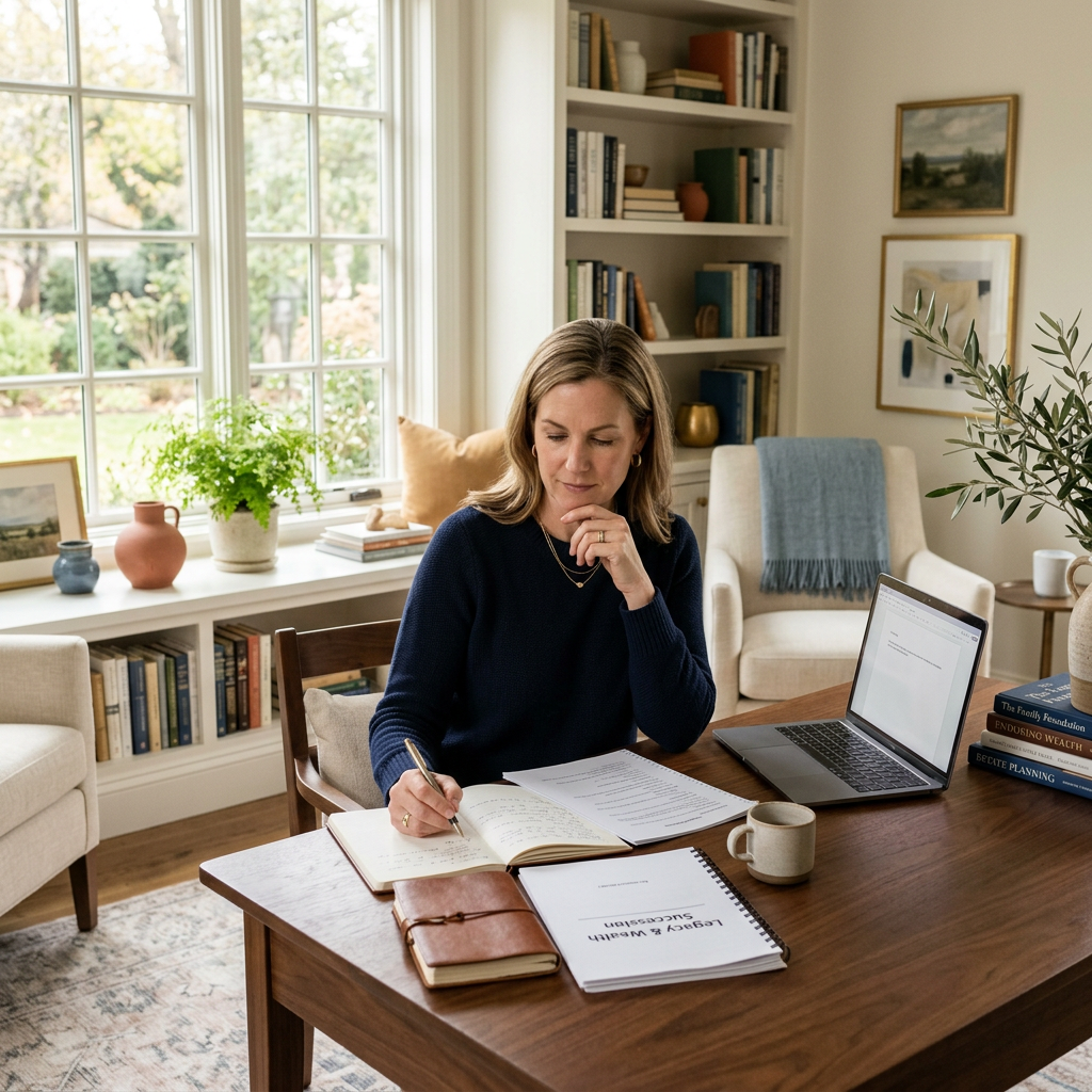 A woman reviewing notes and planning materials at a desk